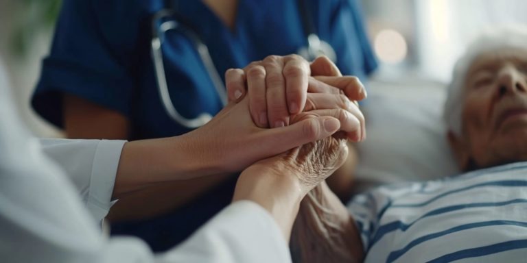 medical professional provides assistance and comfort to a man going through rehabilitation or bereavement. caretaker comforts and examines elderly patient at a retirement facility or medical center.